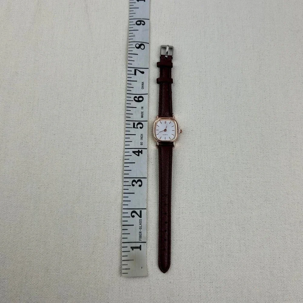 Minimalistic vintage style miniature watch square quartz brown and gold